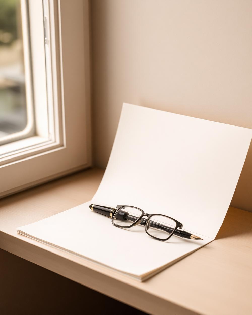 Notepad, pen and reading glasses on a desk beside a sunlit window